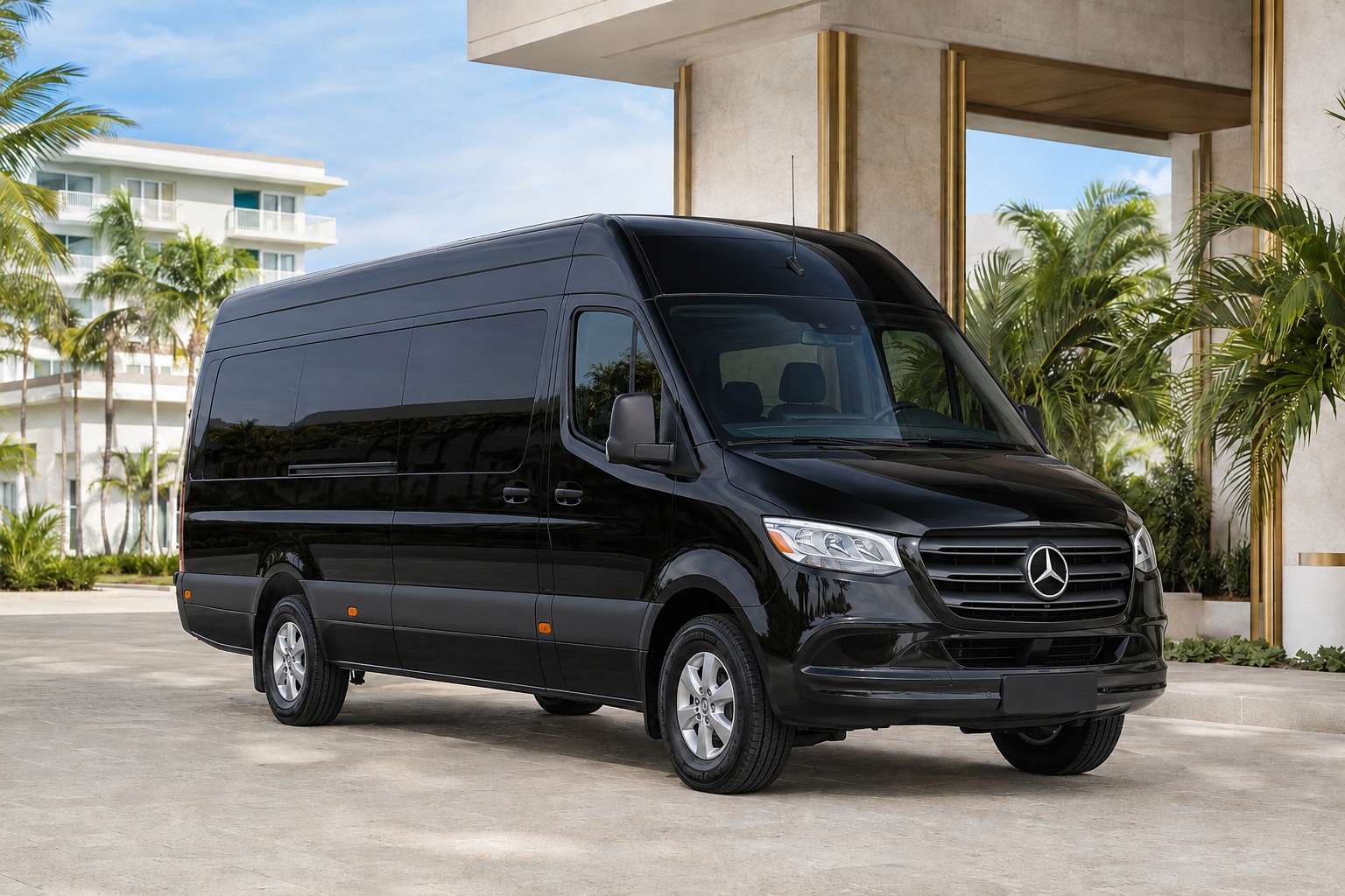 Black Mercedes-Benz Sprinter van for PortMiami cruise group transfers