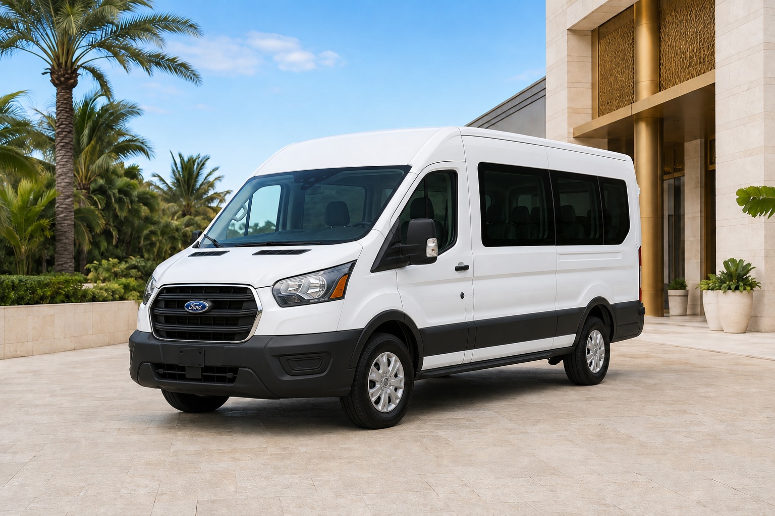 White Ford Transit passenger van for PortMiami cruise group transportation